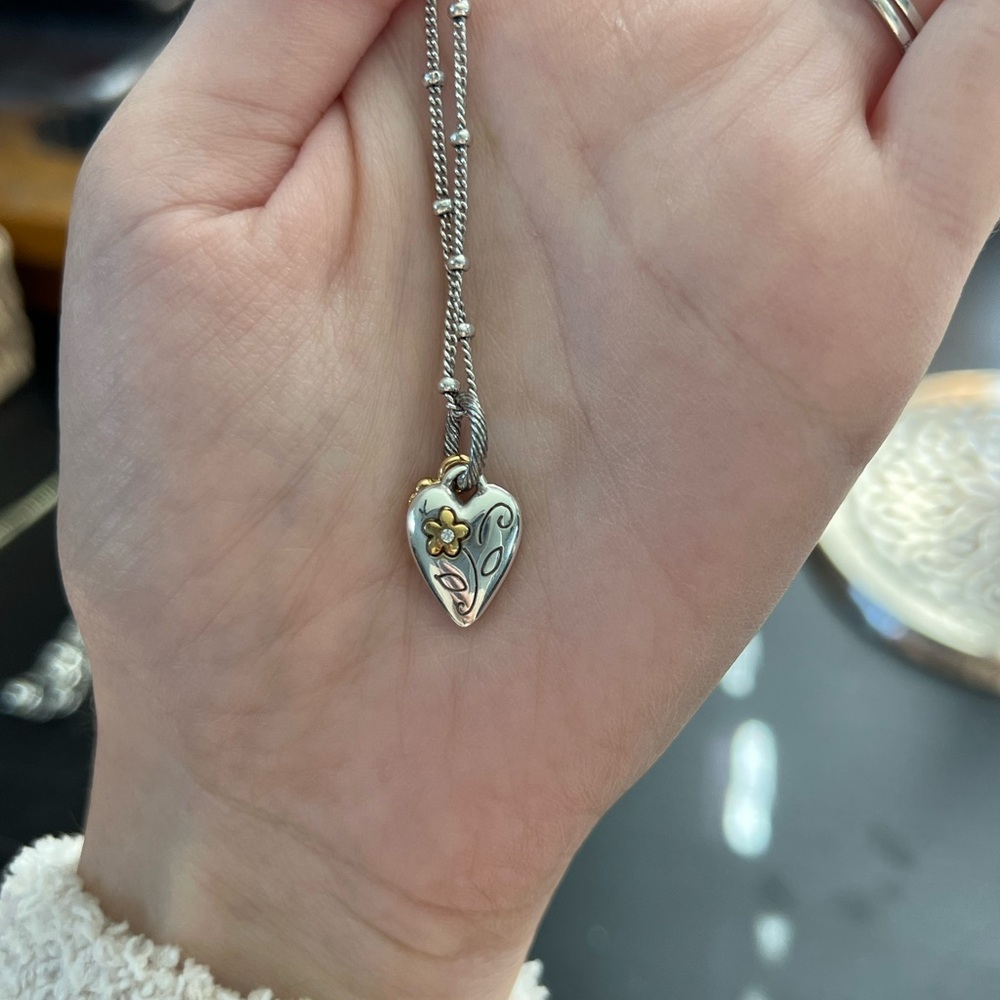 Brighton Silver Heart Necklace with Gold Floral Detail